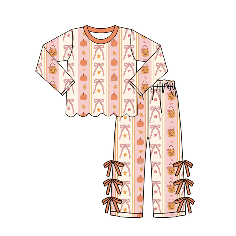 (Preorder new) No moq Baby Girls Cute Spooky Ghosts Pumpkins Scallop Trim Top Bow Pants Daily Clothes Sets