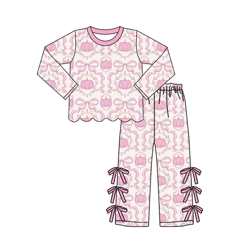 (Preorder new) No moq Baby Girls Cute Spooky Ghosts Pumpkins Scallop Trim Top Bow Pants Daily Clothes Sets