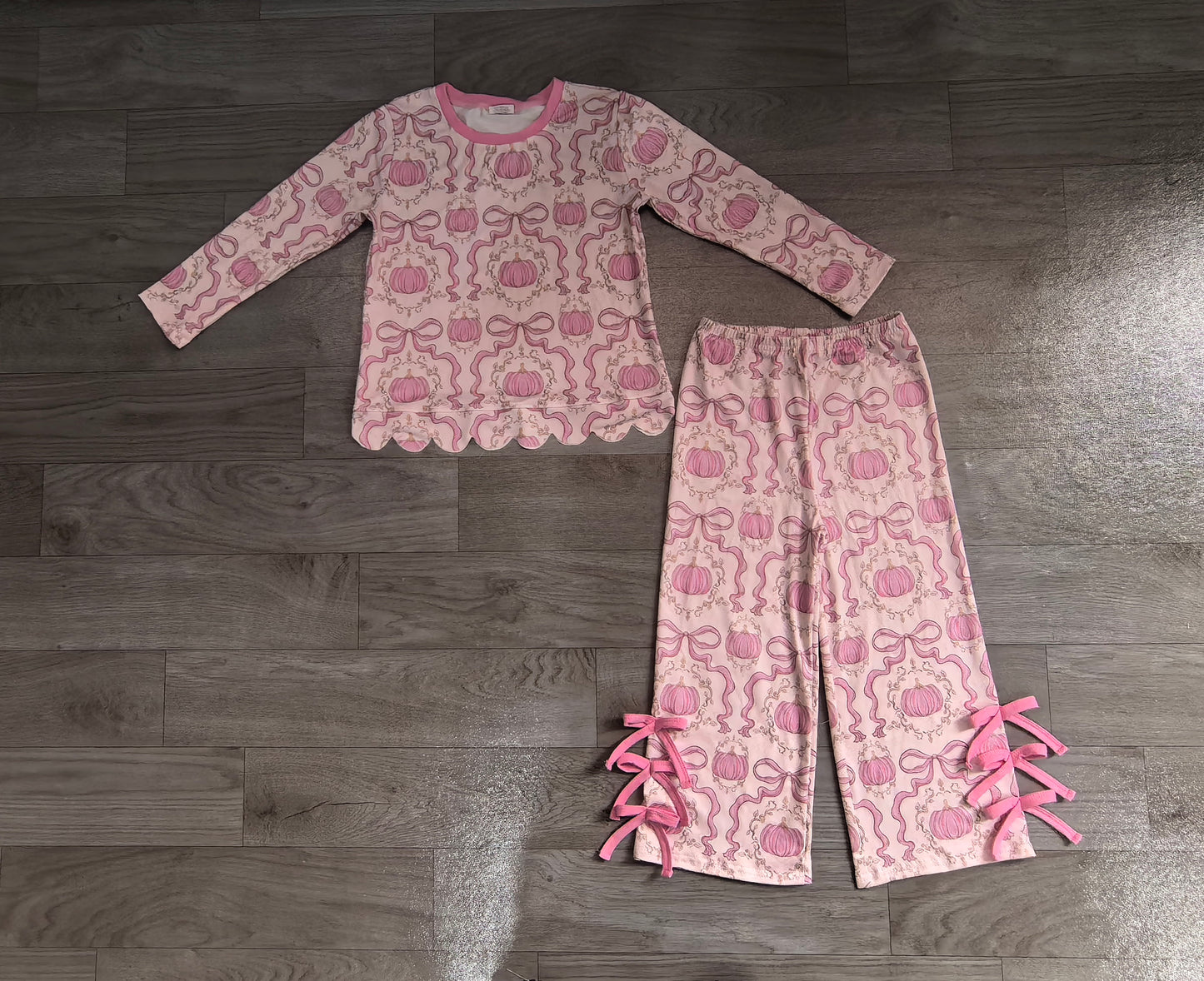 (Sample) No moq milk silk GLP3437 Baby Girls Bows Pumpkins Checked Scallop Top Bows Pants Fall Clothes Set