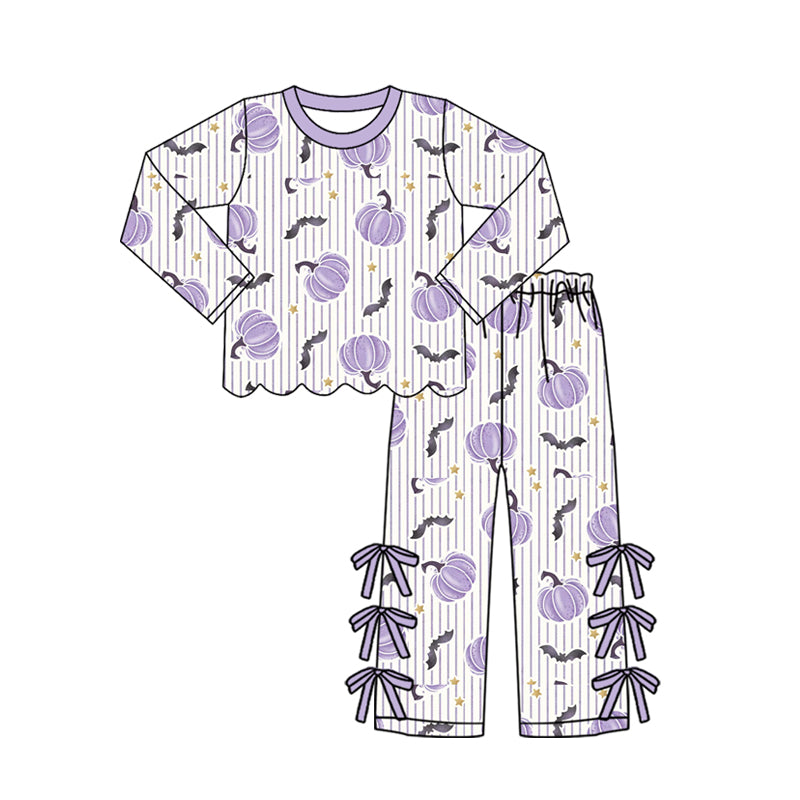 (Preorder new) No moq Baby Girls Cute Spooky Ghosts Pumpkins Scallop Trim Top Bow Pants Daily Clothes Sets