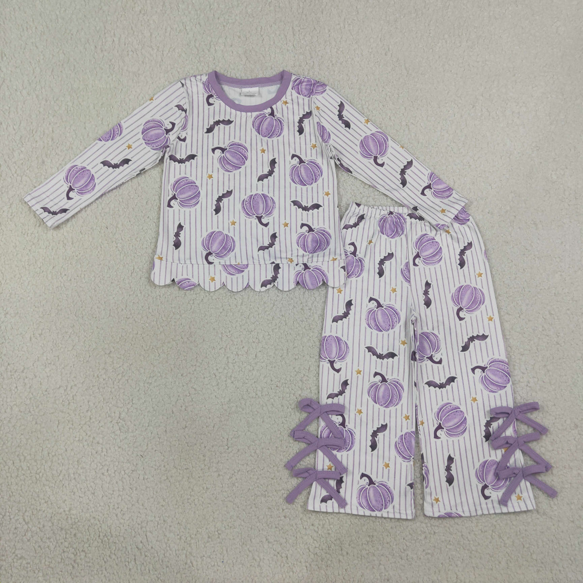 NEW RTS NO MOQ milk silk GLP3438 Baby Girls Stripe Bat Pumpkin Print Scallop Trim Long Sleeve Top Bow Pants Halloween Clothes Set