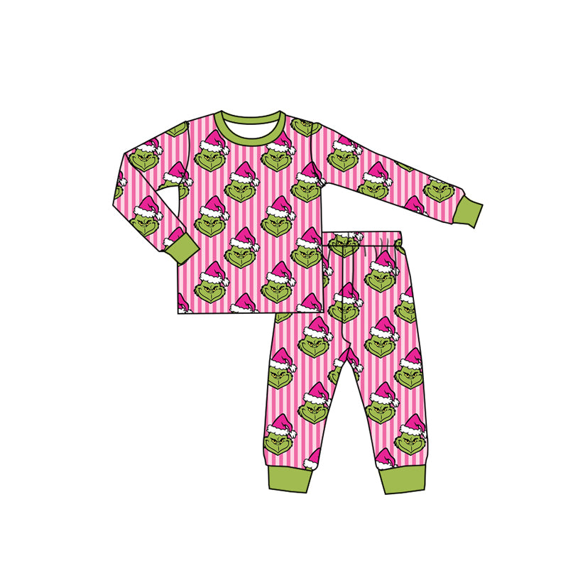 (Preorder new) No moq Kids And Adult Pink Stripe Santa Button Pocket Top Pants Pajamas Sets Rompers