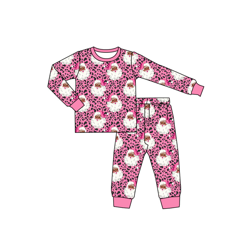 (Preorder new) No moq Kids And Adult Pink Leopard Santa Button Pocket Long Sleeve Top Pants Sets Rompers