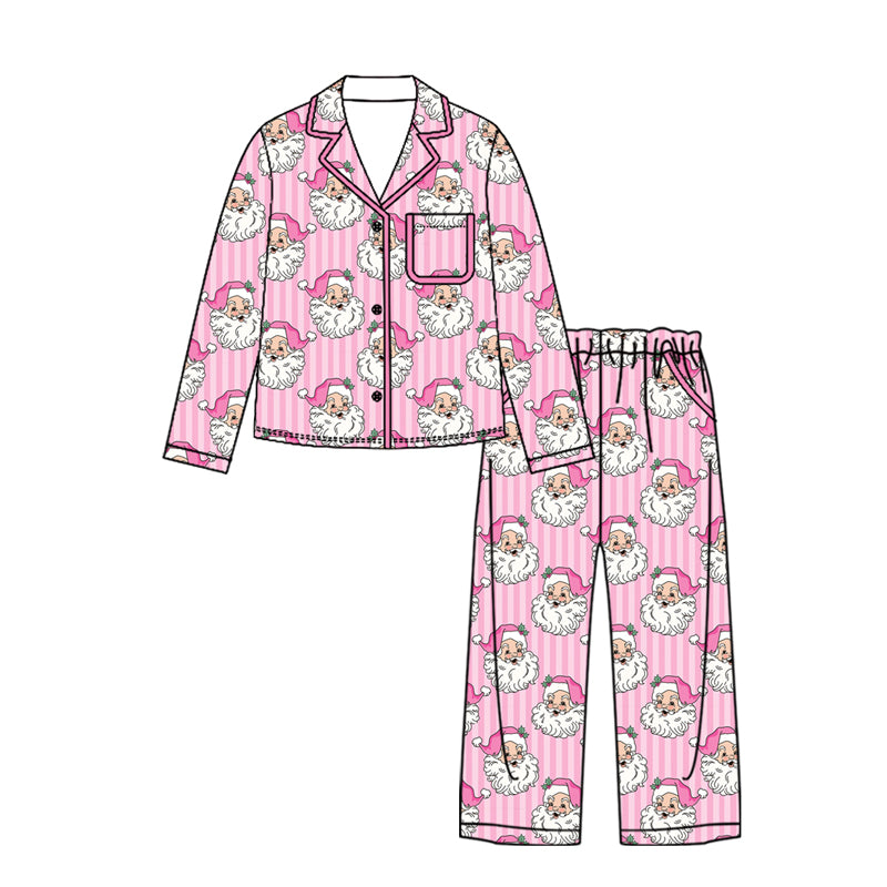 (Preorder new) No moq Kids And Adult Pink Stripe Santa Button Pocket Top Pants Family Holiday Photo Matching Pajamas Sets Rompers