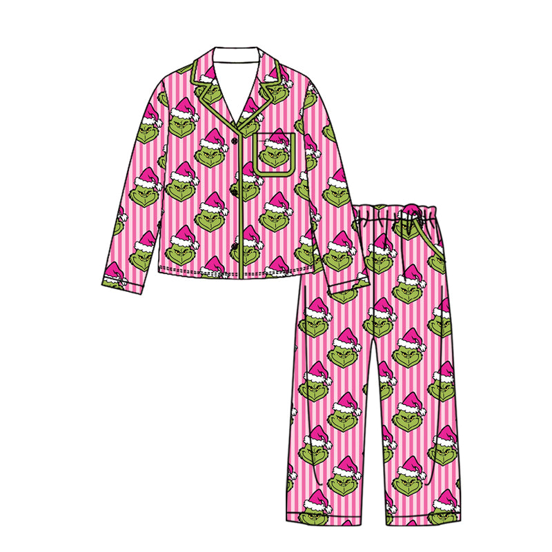 (Preorder new) No moq Kids And Adult Pink Stripe Santa Button Pocket Top Pants Pajamas Sets Rompers