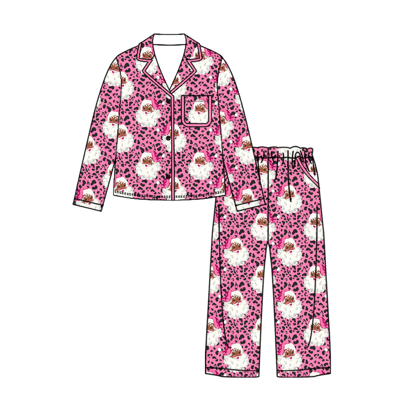 (Preorder new) No moq Kids And Adult Pink Leopard Santa Button Pocket Long Sleeve Top Pants Sets Rompers