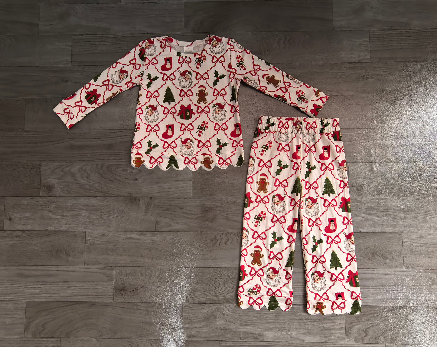 (Sample) No moq milk silk Baby Girls Santa Trees Bows Checked Top Flare Pant Christmas Clothes Sets