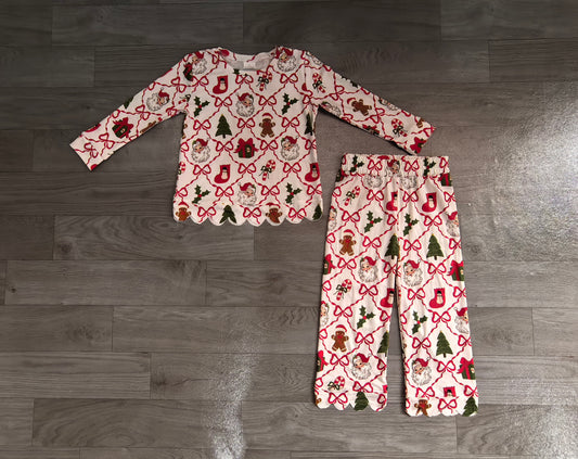 (Sample) No moq milk silk Baby Girls Santa Trees Bows Checked Top Flare Pant Christmas Clothes Sets