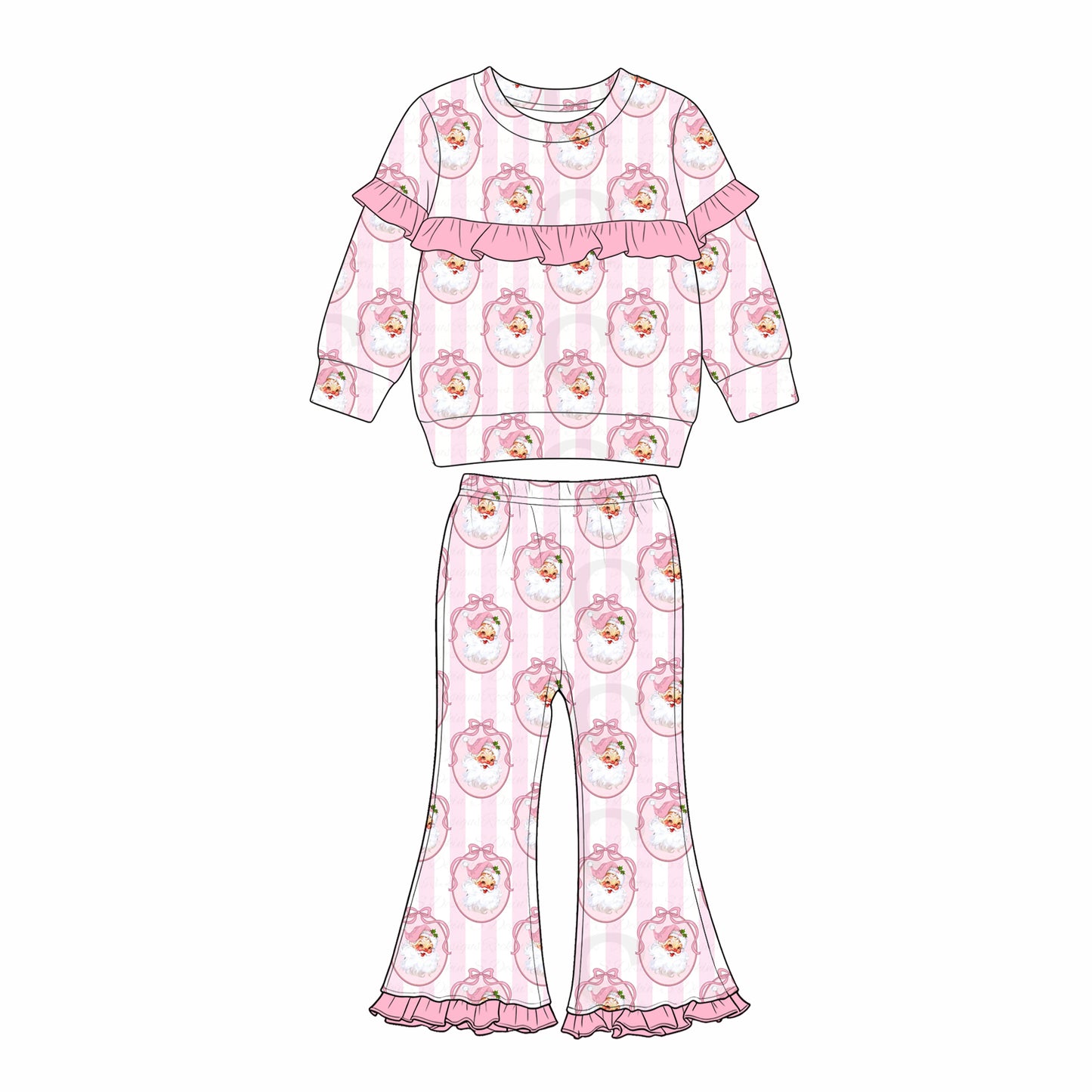 (Preorder new) No moq Baby Girls Cute Cute Santa Stripe Top Flared Bell Pant Christmas Clothes Set