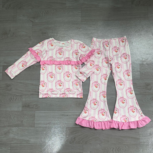 (Sample) No moq milk silk GLP3450 Baby Girls Pink Bow Santa Stripe Print Long Sleeve Top Bell Bottom Flare Pants Christmas Clothes Set