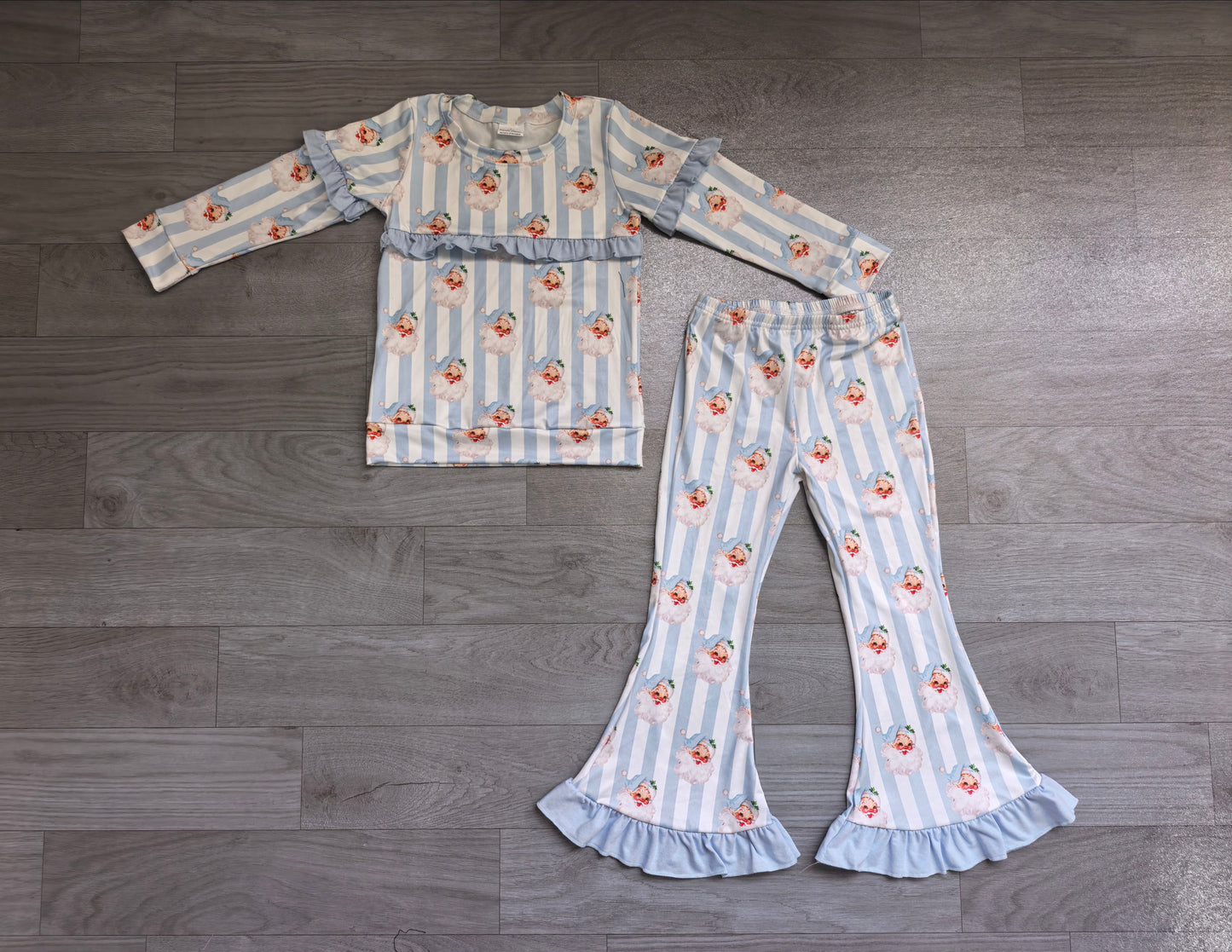 (Sample) No moq milk silk GLP3451 Baby Girls Blue Bow Santa Stripe Print Long Sleeve Top Bell Bottom Flare Pants Christmas Clothes Set