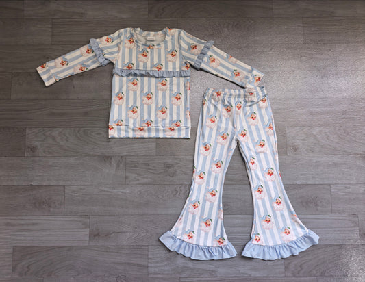 (Sample) No moq milk silk GLP3451 Baby Girls Blue Bow Santa Stripe Print Long Sleeve Top Bell Bottom Flare Pants Christmas Clothes Set