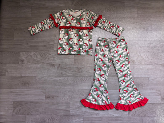 (Sample) No moq milk silk GLP3452 Baby Girls Santa Green Stripe Print Long Sleeve Top Bell Bottom Flare Pants Christmas Clothes Set
