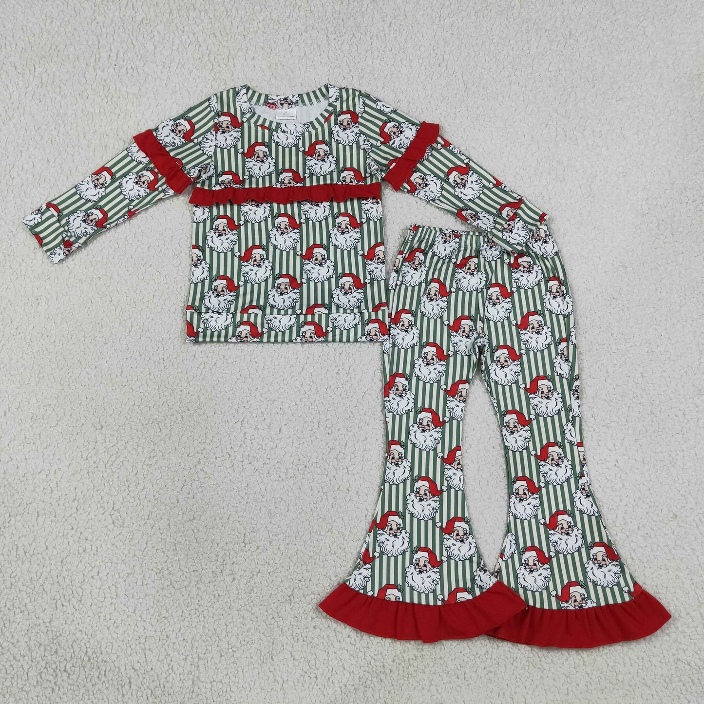 RTS NO MOQ Sibling milk silk Baby Girls Santa Green Stripe Top Bell Bottom Pant Christmas Clothes Sets Winter Holiday Outfit