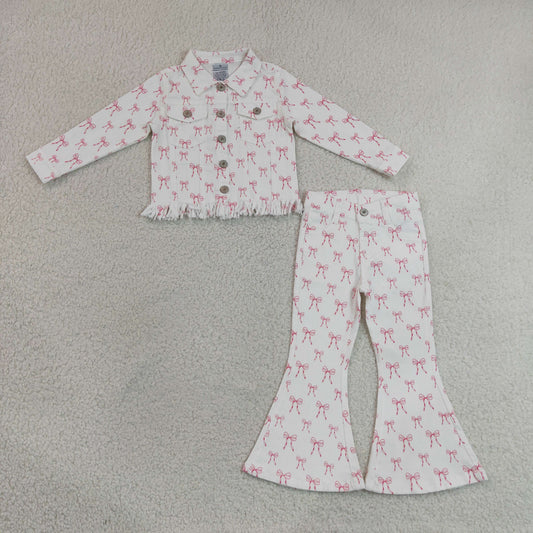 RTS NO MOQ milk silk GLP3453（GT1729+P1042）Baby Girls Pink Bow Print Long Sleeve Denim Jacket Flared Jeans Matching Set