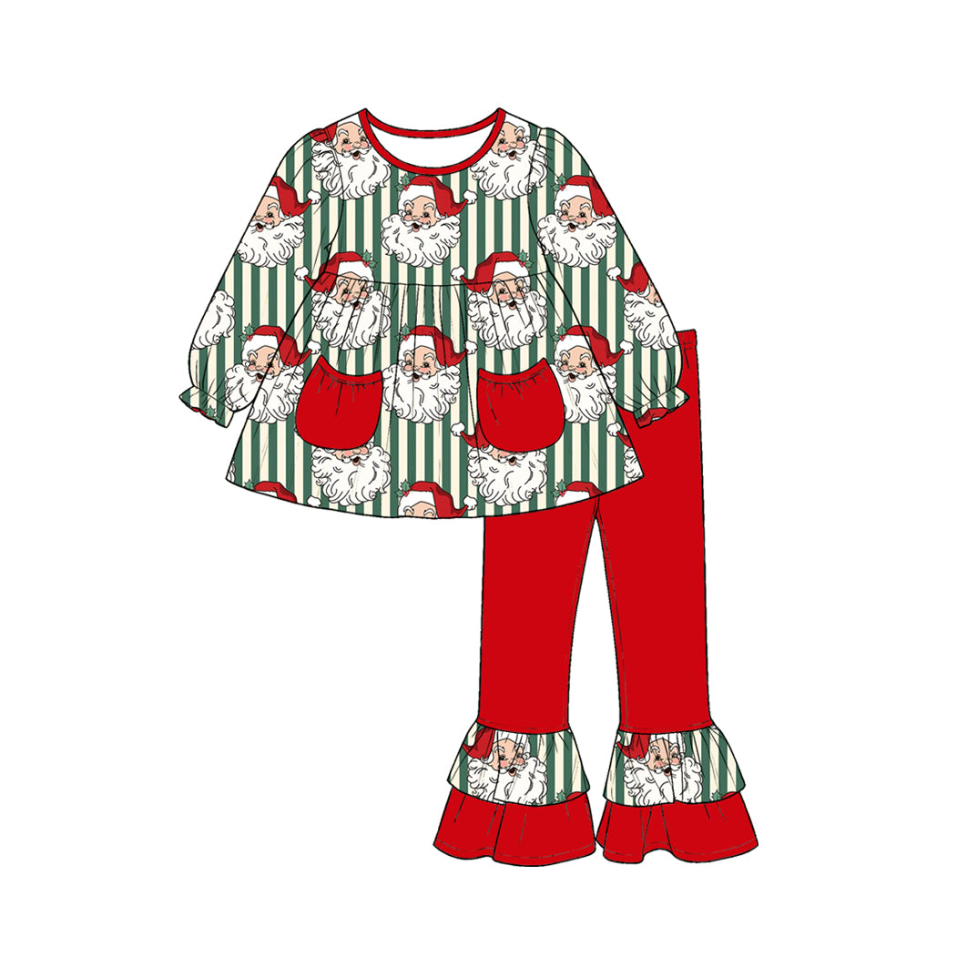 (Preorder new) No moq Baby Girls Christmas Stripe Print Pockets Tunic Top Ruffle Pants Fall Matching Clothes Set