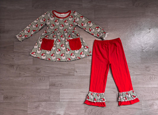 (Sample) No moq milk silk GLP3454 Baby Girls Green Stripe Santa Pockets Tunic Ruffle Pant Christmas Clothes Set