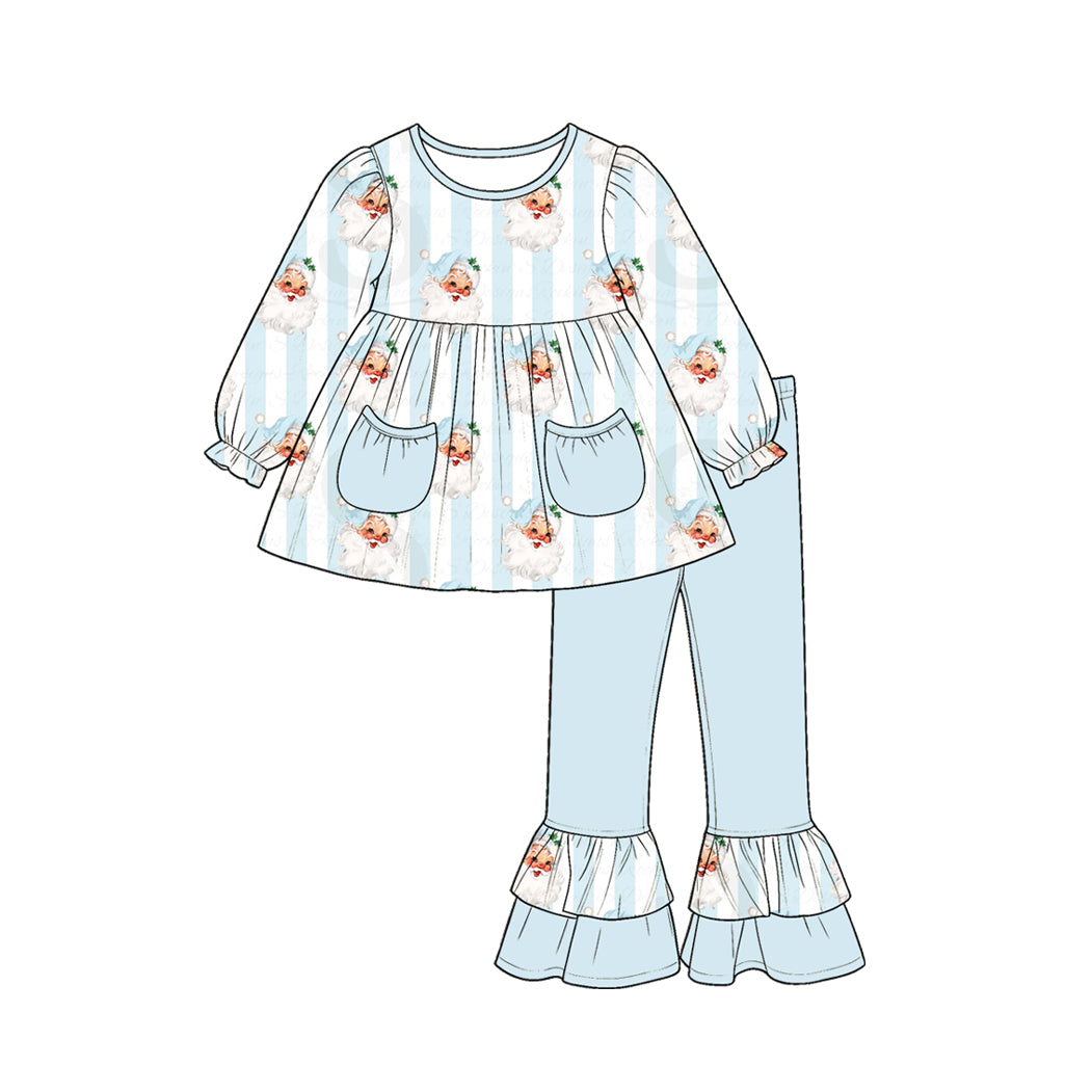 (Preorder new) No moq Baby Girls Christmas Stripe Print Pockets Tunic Top Ruffle Pants Fall Matching Clothes Set