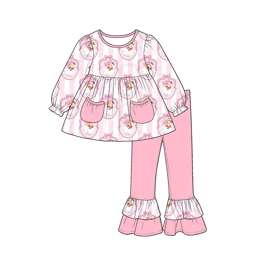 (Preorder new) No moq Baby Girls Christmas Stripe Print Pockets Tunic Top Ruffle Pants Fall Matching Clothes Set