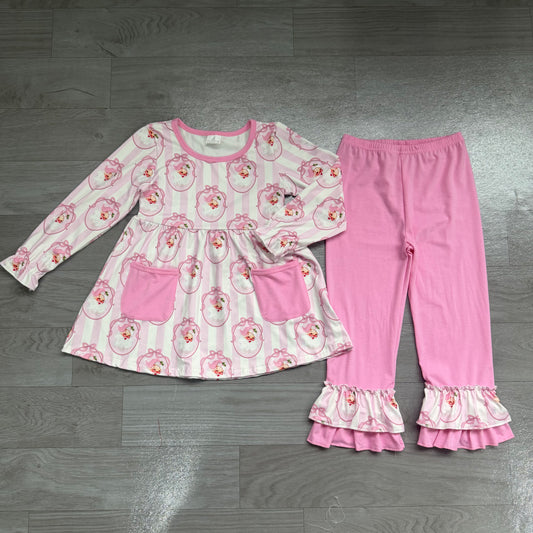 (Sample) No moq milk silk GLP3456 Baby Girls Pink Stripe Santa Print Bow Pocket Long Sleeve Tunic Ruffle Pants Christmas Clothes Set