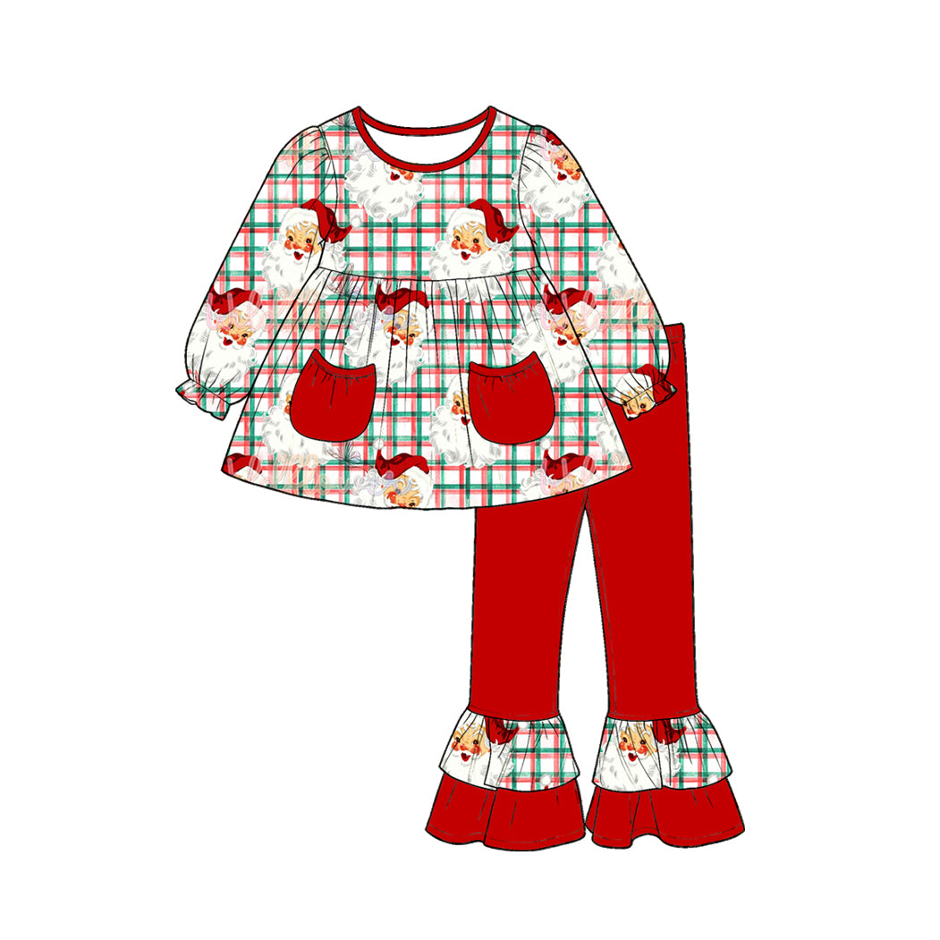 (Preorder new) No moq Baby Girls Christmas Stripe Print Pockets Tunic Top Ruffle Pants Fall Matching Clothes Set