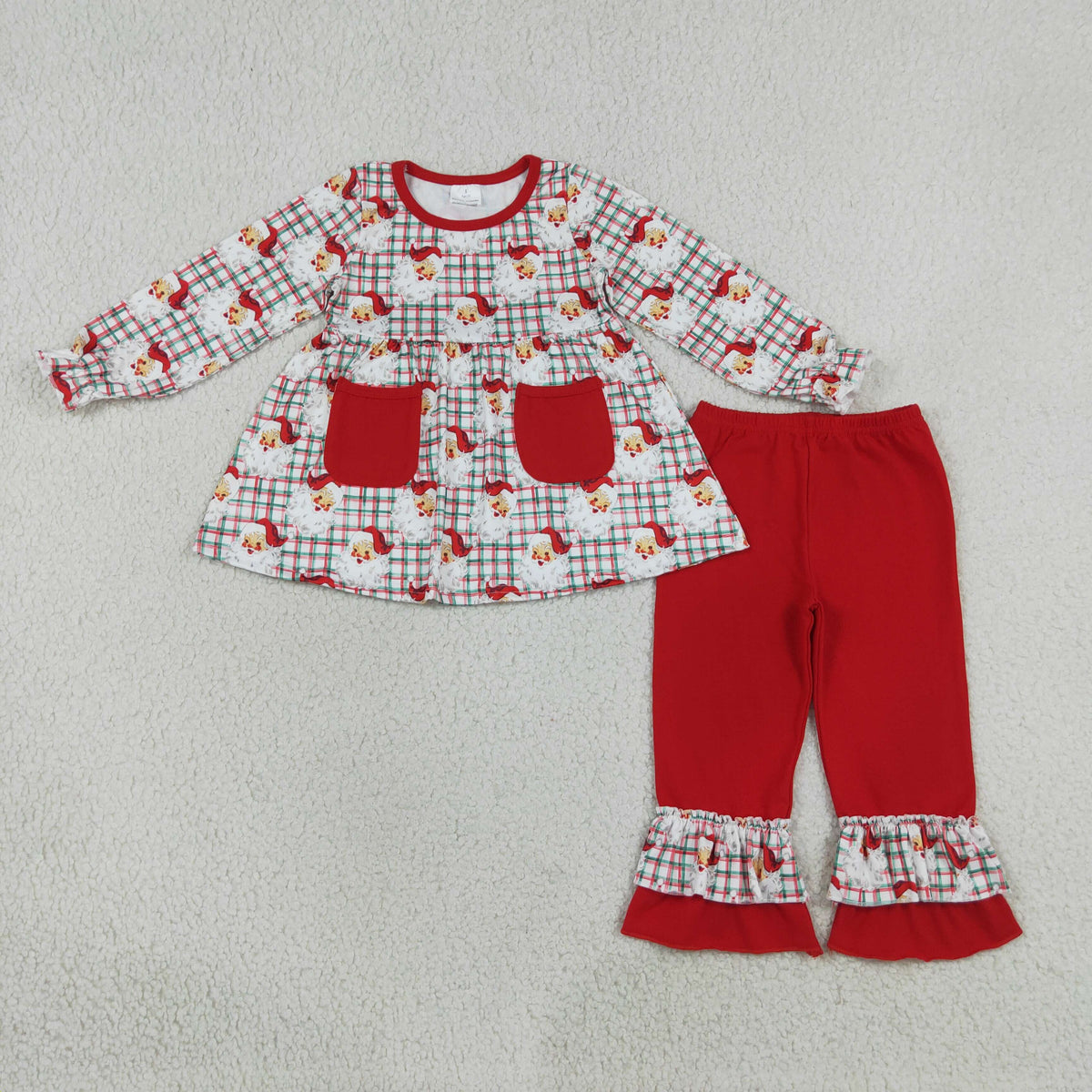 RTS NO MOQ Sibling milk silk Girls Christmas Print Long Sleeve Pocket Tunic Top And Ruffle Hem Pants Sibling Matching Outfit