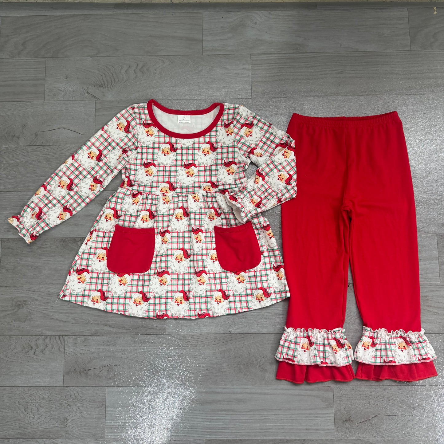 (Sample) No moq milk silk GLP3457 Baby Girls Red Green Checked Santa Print Pocket Long Sleeve Tunic Ruffle Pants Christmas Clothes Set