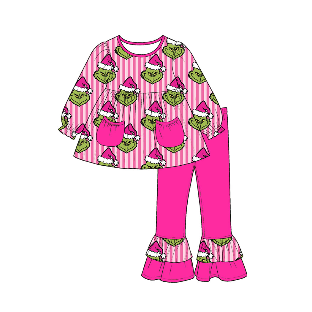 (Preorder new) No moq Baby Girls Christmas Stripe Print Pockets Tunic Top Ruffle Pants Fall Matching Clothes Set