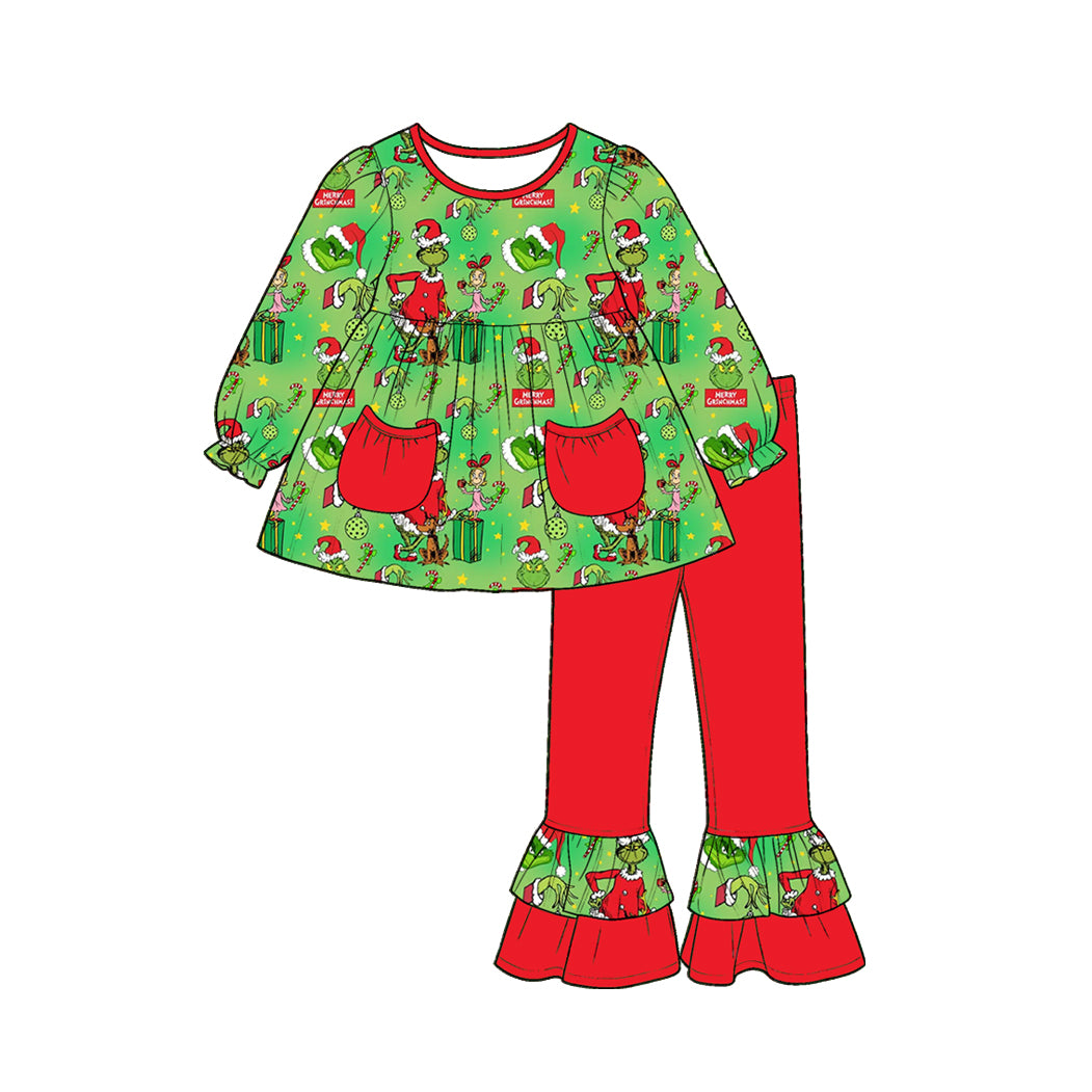 (Preorder new) No moq Baby Girls Christmas Stripe Print Pockets Tunic Top Ruffle Pants Fall Matching Clothes Set