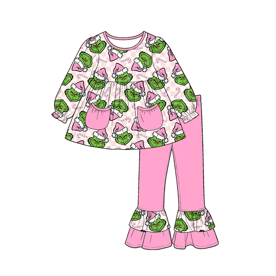 (Preorder new) No moq Baby Girls Christmas Stripe Print Pockets Tunic Top Ruffle Pants Fall Matching Clothes Set