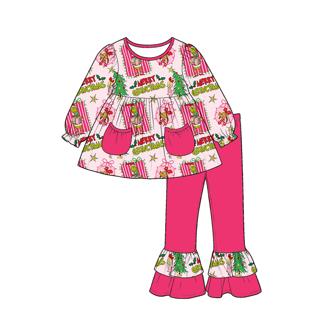 (Preorder new) No moq Baby Girls Christmas Stripe Print Pockets Tunic Top Ruffle Pants Fall Matching Clothes Set