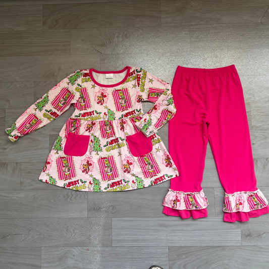 (Sample) No moq milk silk GLP3461 Baby Girls Merry Christmas Print Long Sleeve Pocket Tunic Elastic Waist Ruffle Hem Pants Set