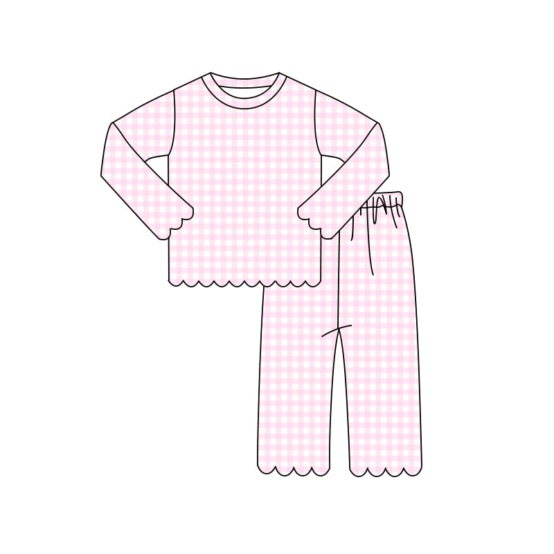 (Preorder new) No moq Baby Girls Plaid Printed Long Sleeve Scallop Trim Top Pants Daily Pajama Sets