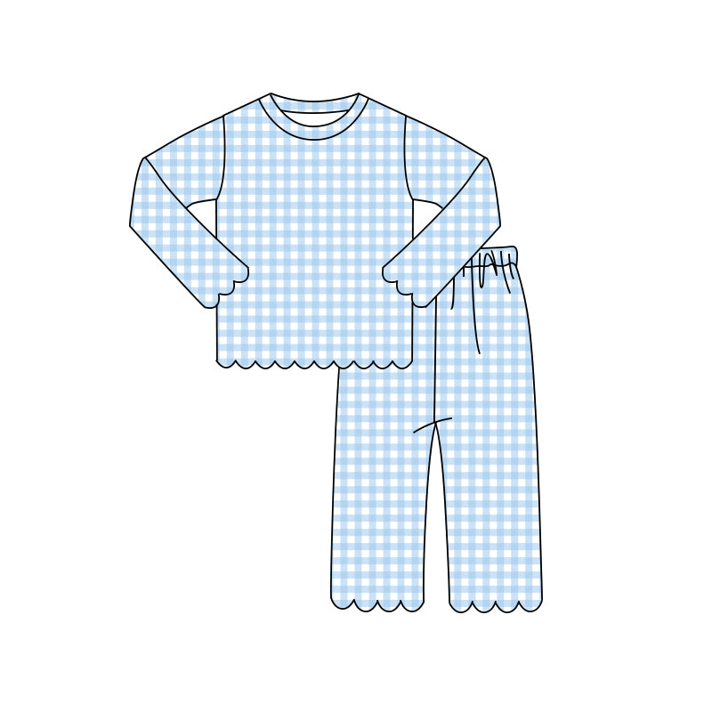 (Preorder new) No moq Baby Girls Plaid Printed Long Sleeve Scallop Trim Top Pants Daily Pajama Sets