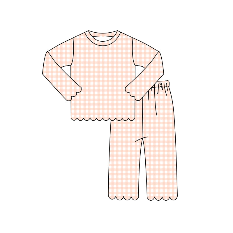 (Preorder new) No moq Baby Girls Plaid Printed Long Sleeve Scallop Trim Top Pants Daily Pajama Sets