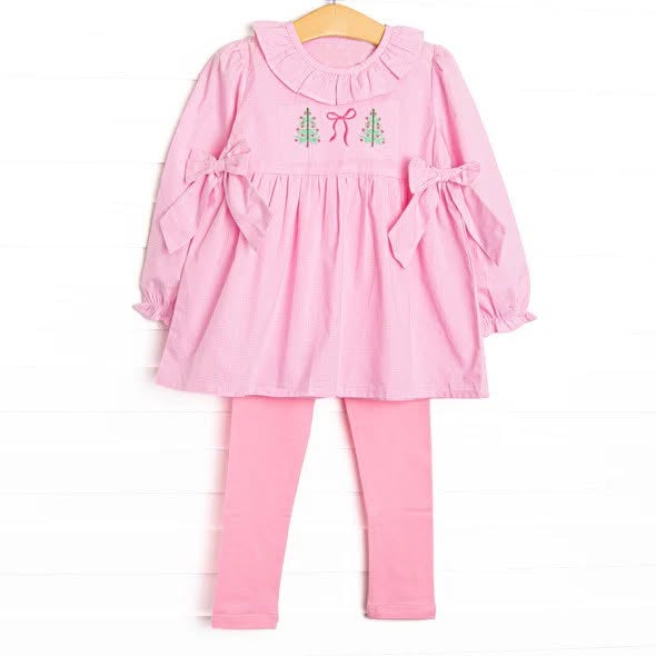 (Preorder new) No moq Baby Girls Pink Bows Trees Christmas Print Long Sleeve Long Pant Sets Romper