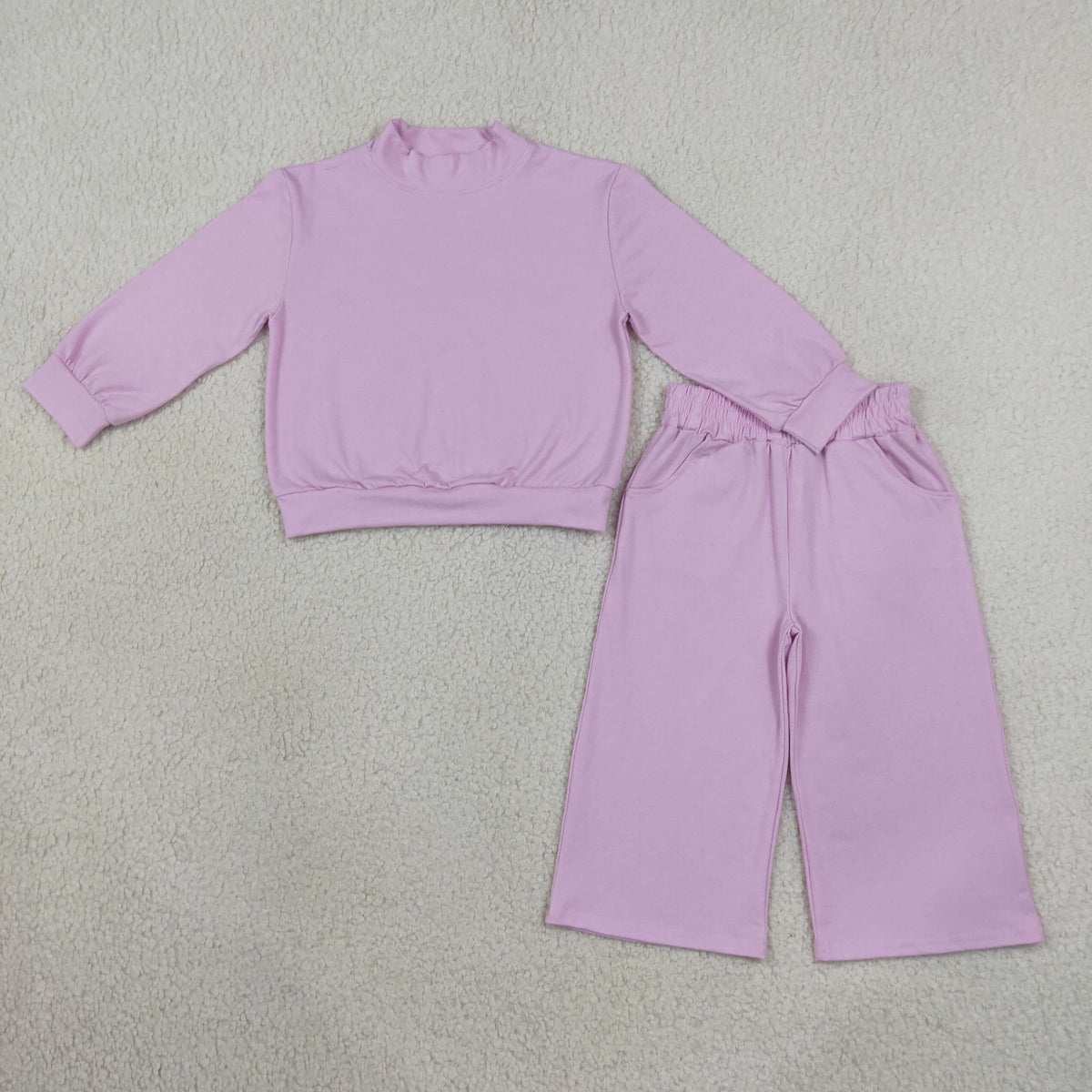 RTS NO MOQ Sibling cotton Baby Girls Solid Color Mock Neck Long Sleeve Top and Elastic Waist Wide Leg Pants Set