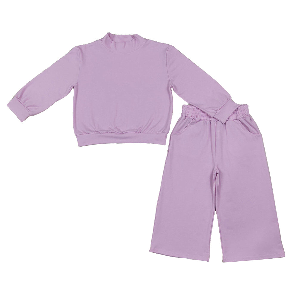 RTS NO MOQ Sibling cotton High Neck Baby Girls Casual Solid Mock Neck Top With Pocket Wide Leg Pants Set