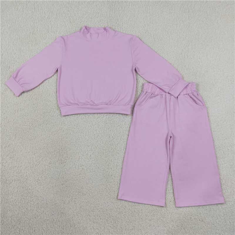 RTS NO MOQ Sibling cotton Baby Girls High Neck Solid Ruffle Mock Neck Long Sleeve Top And Wide Leg Pant Outfit Set