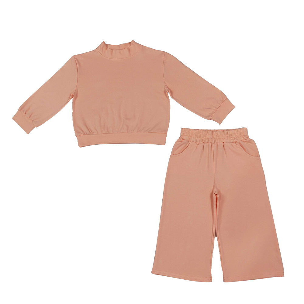 RTS NO MOQ Sibling cotton High Neck Baby Girls Casual Solid Mock Neck Top With Pocket Wide Leg Pants Set