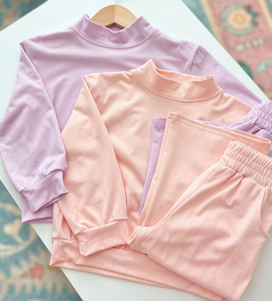 RTS NO MOQ Sibling cotton Baby Girls Solid Color Mock Neck Long Sleeve Top and Elastic Waist Wide Leg Pants Set