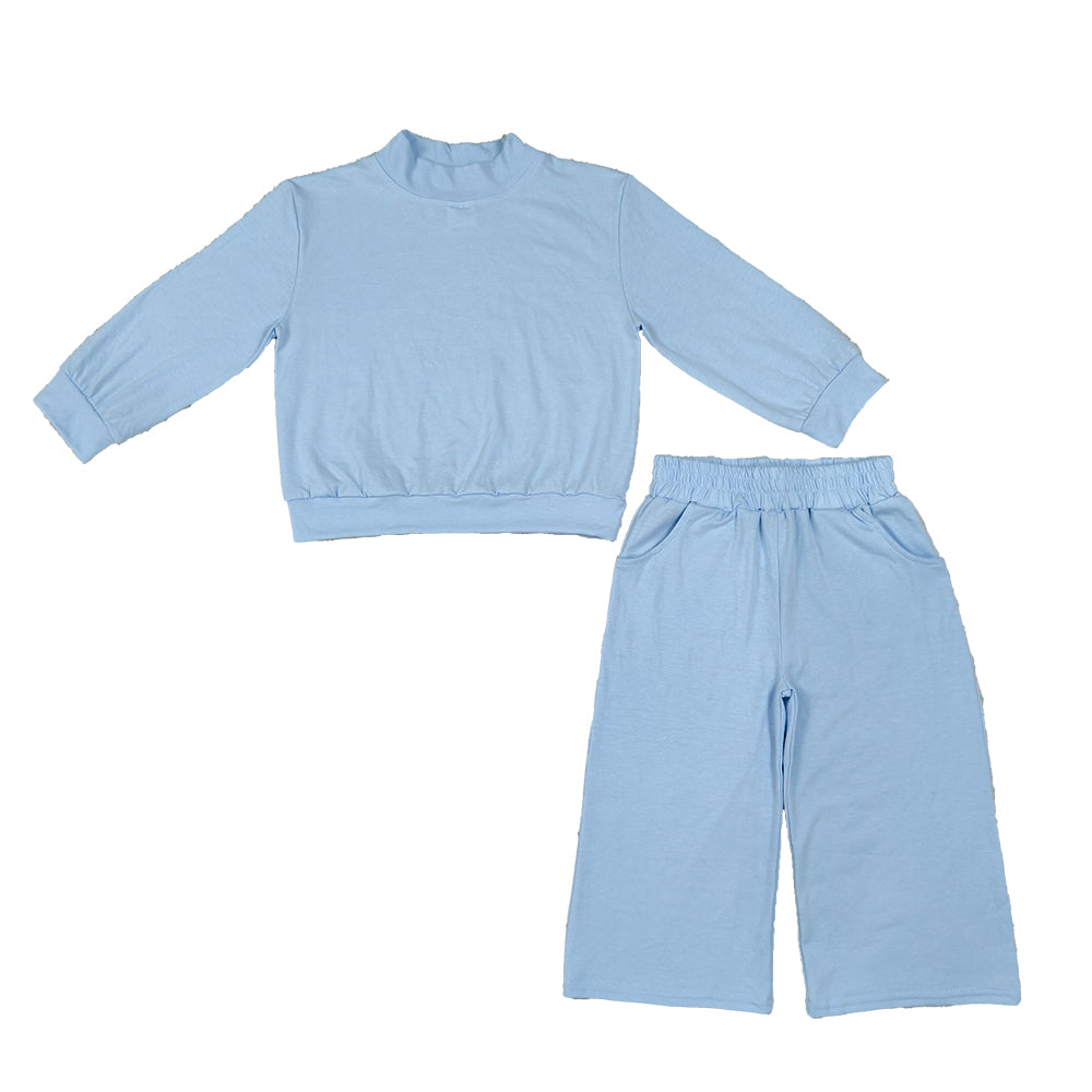 RTS NO MOQ Sibling cotton Baby Girls High Neck Solid Ruffle Mock Neck Long Sleeve Top And Elastic Waist Wide Leg Pants Casual Matching Outfit