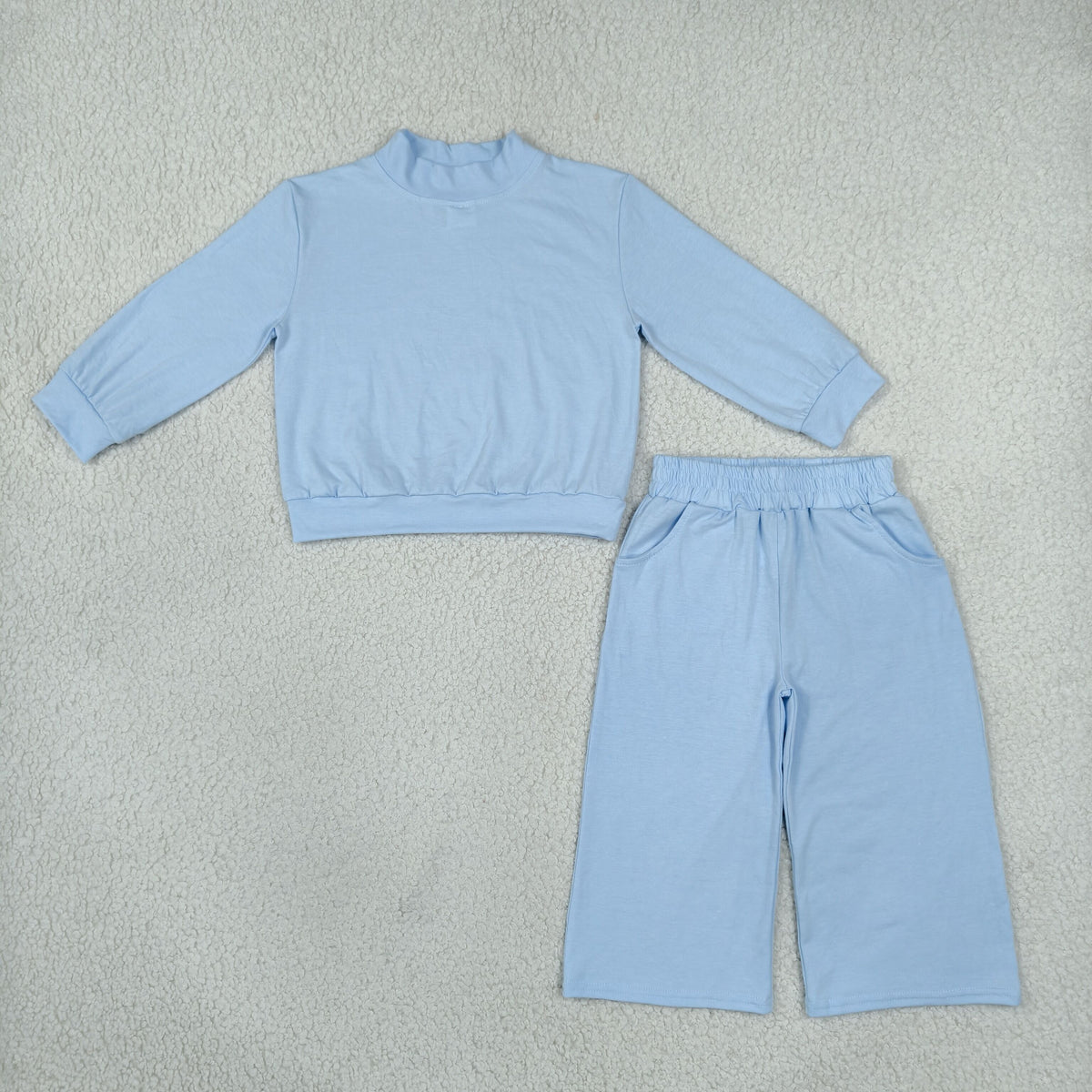 NEW RTS NO MOQ cotton GLP3472 High Neck Baby Girls Light Blue Pocket Long Sleeve Top Flare Pants Set
