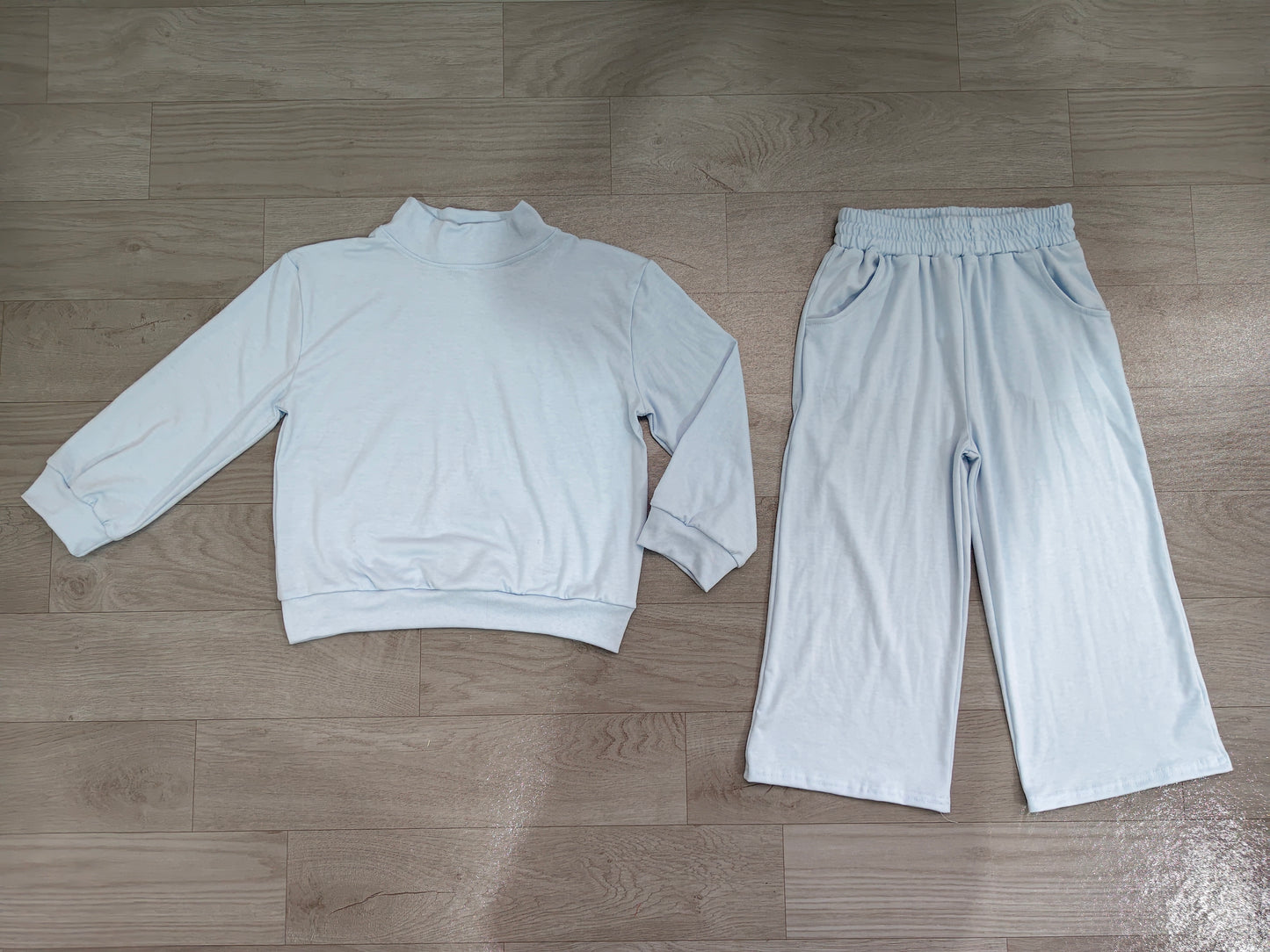 (Sample) No moq cotton GLP3472 Baby Girls Light Blue Pocket Long Sleeve Top Flare Pants Sleepwear Set