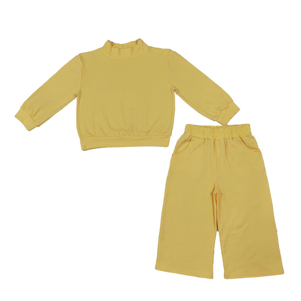 RTS NO MOQ Sibling cotton High Neck Baby Girls Casual Solid Mock Neck Top With Pocket Wide Leg Pants Set