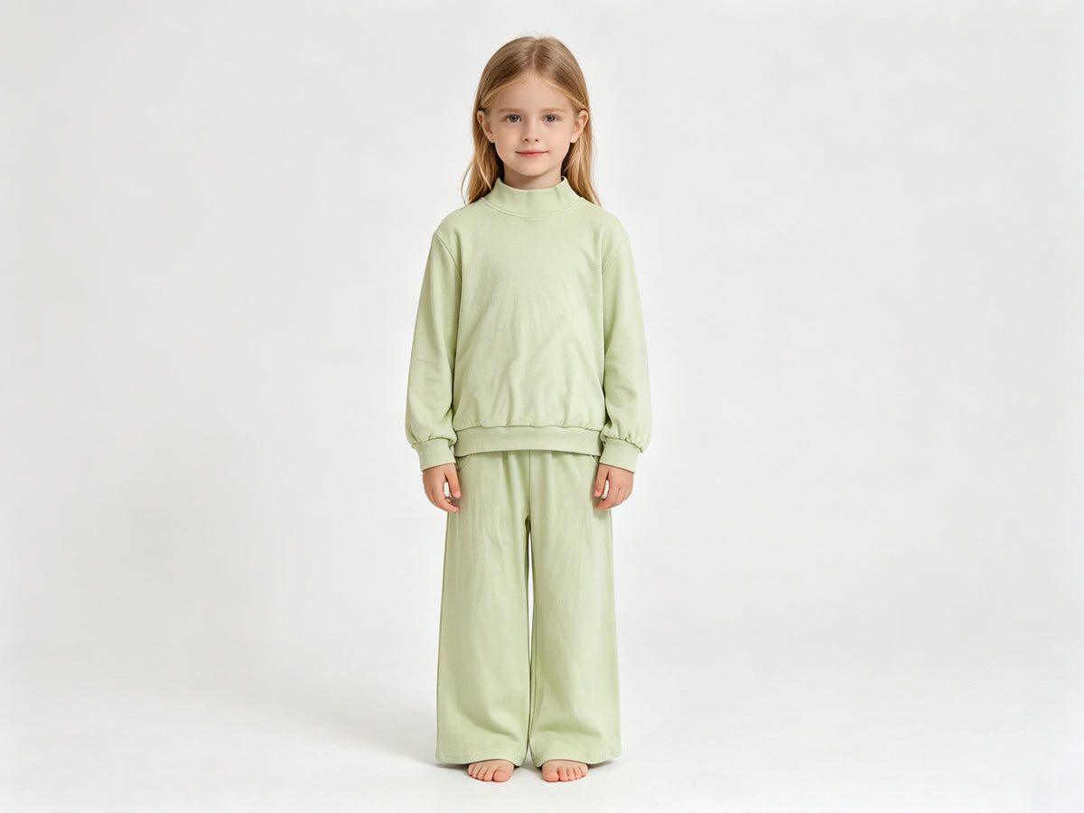 (Sample) No moq cotton GLP3474 Baby Girls Light Green Pocket Long Sleeve Top Flare Pants Sleepwear Set