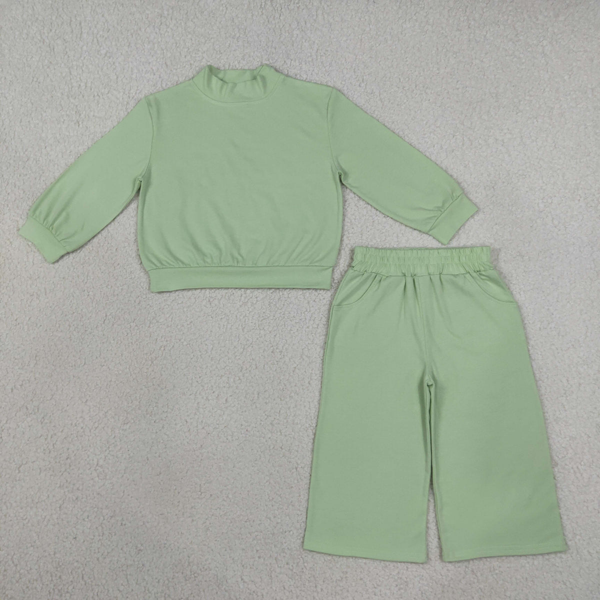 NEW RTS NO MOQ cotton GLP3474 High Neck Baby Girls Light Green Pocket Long Sleeve Top Flare Pants Set