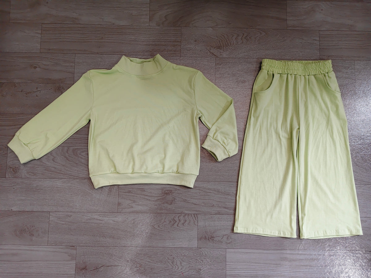 (Sample) No moq cotton GLP3474 Baby Girls Light Green Pocket Long Sleeve Top Flare Pants Sleepwear Set