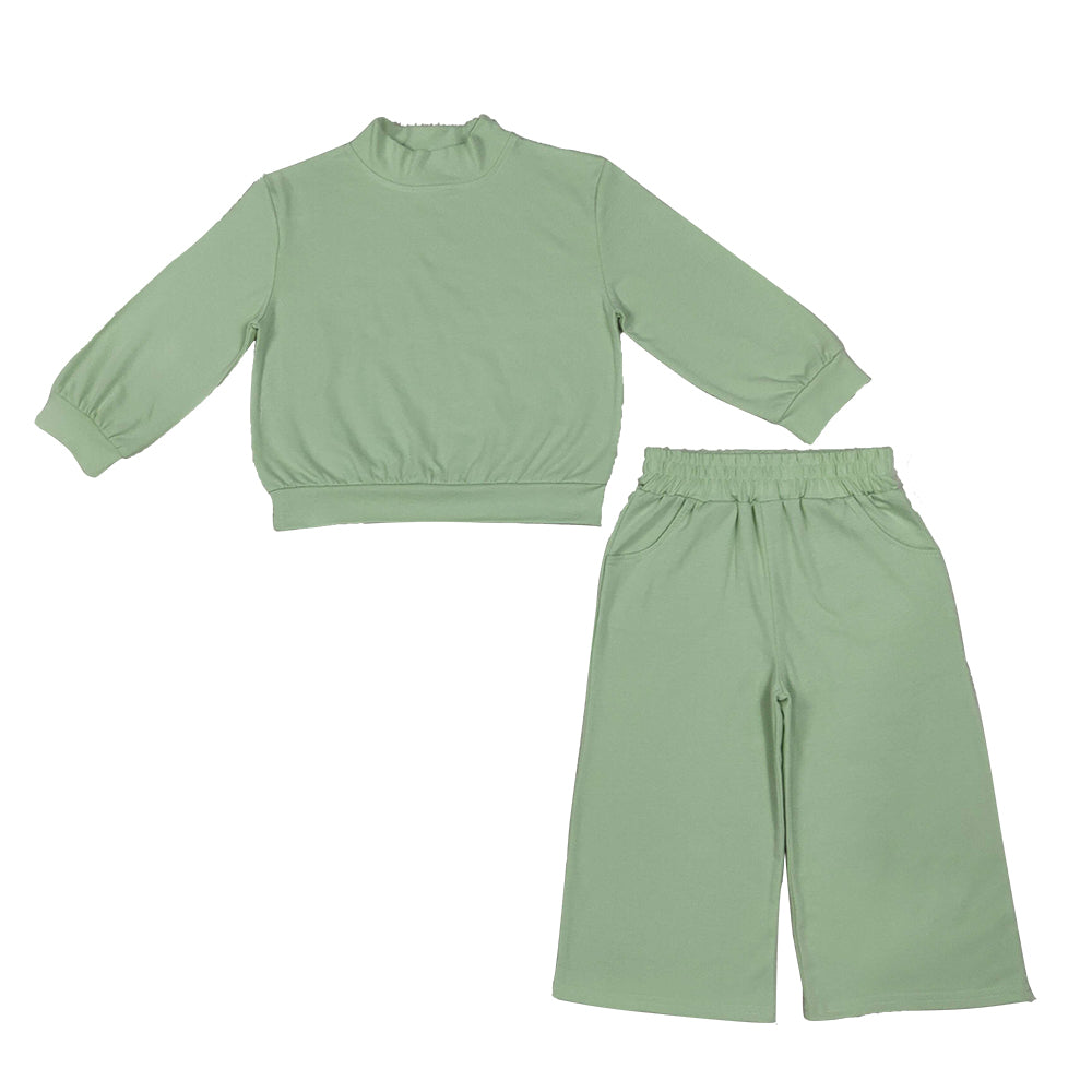 RTS NO MOQ Sibling cotton Baby Girls High Neck Solid Ruffle Mock Neck Long Sleeve Top And Elastic Waist Wide Leg Pants Casual Matching Outfit