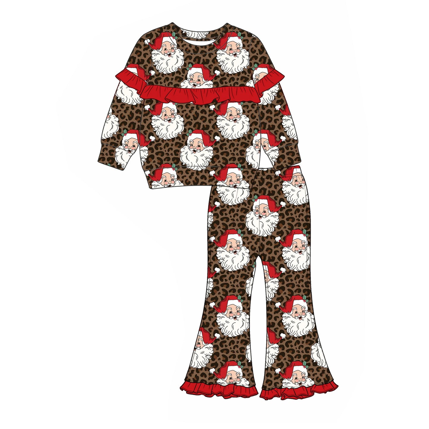 (Preorder new) No moq Baby Girls Leopard Santa Print Long Sleeve Top Flare Pants Set Yoga Active Knee Length Dress